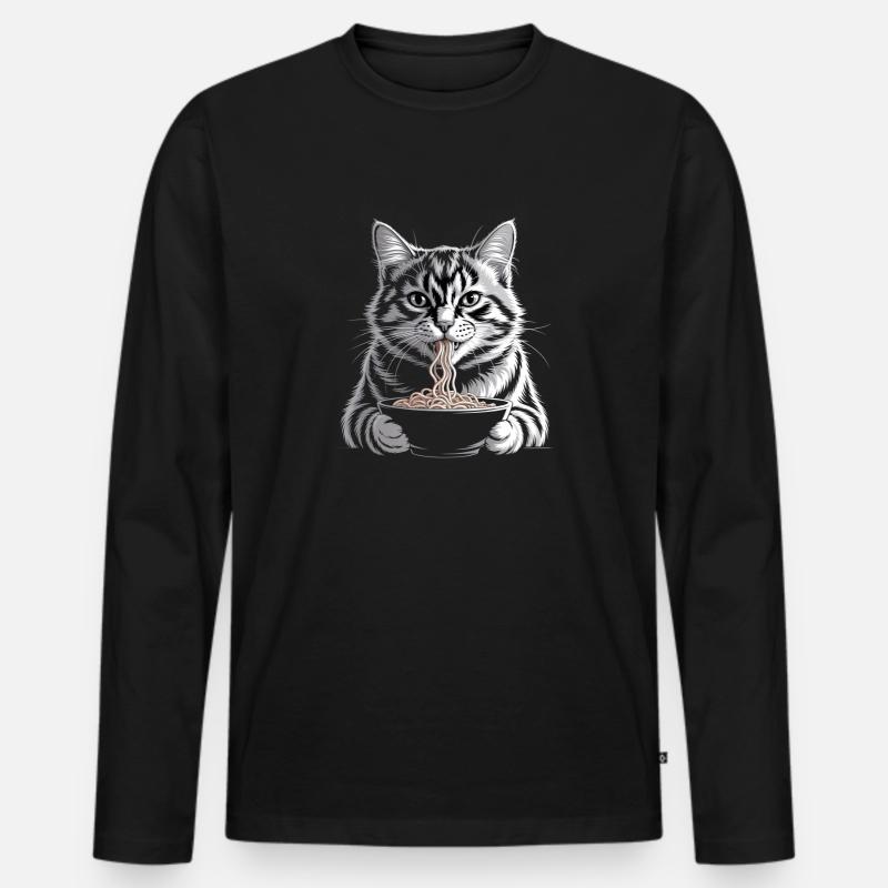 Katze isst Ramen - Männer Premium Bio Langarmshirt - Schwarz