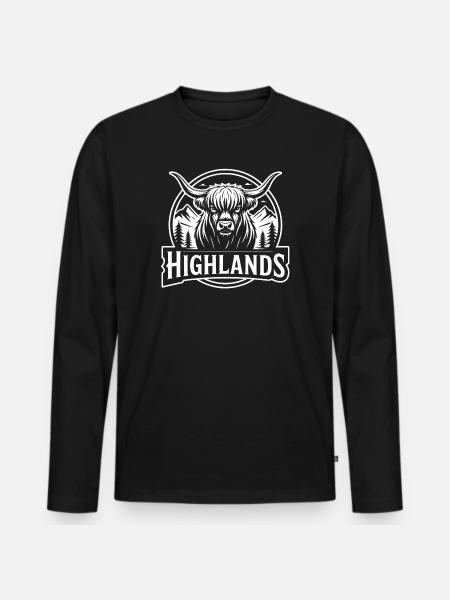 Highlands Kuh Berglandschaft - Männer Premium Bio Langarmshirt - Schwarz