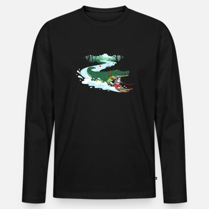 Crocodile Surfeur et Compagnon Chat - T-shirt manches longues Premium bio Homme - noir