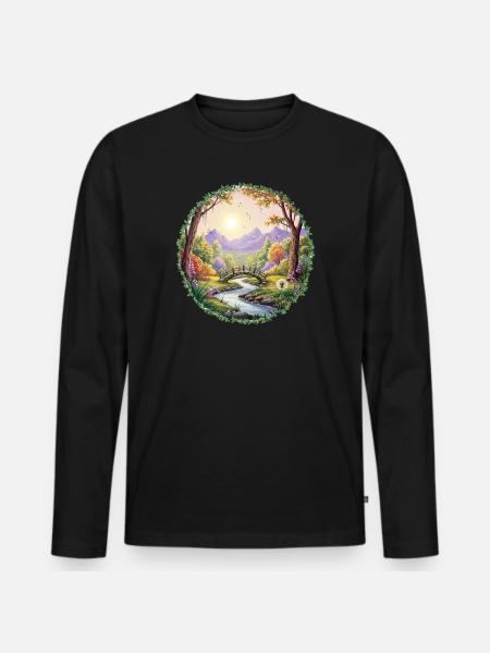 Frühlingsfarbene Landschaftsbrücke - Männer Premium Bio Langarmshirt - Schwarz