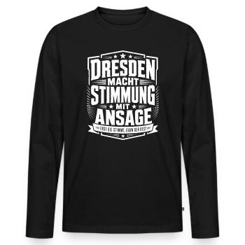 Dresden macht Stimmung mit Ansage - Männer Premium Bio Langarmshirt - Schwarz - Vorne - Nico (187cm)