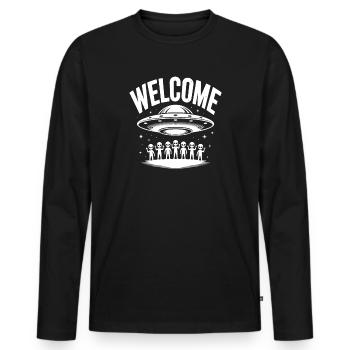 Welcome Spruch Alien UFO Raumschiff Weltall Grafik - Männer Premium Bio Langarmshirt - Schwarz - Vorne - Nico (187cm)