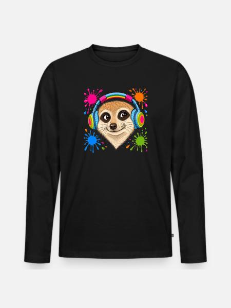 Erdmännchen mit bunten Musik Kopfhörern - Männer Premium Bio Langarmshirt - Schwarz