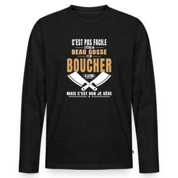 T-shirt Humour Viande et Steak - T-shirt manches longues Premium bio Homme - noir - Devant - Nico (187cm)