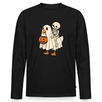 Fantôme avec squelette sur un panier de citrouilles d’Halloween - T-shirt manches longues Premium bio Homme - noir - Devant - Nico (187cm)
