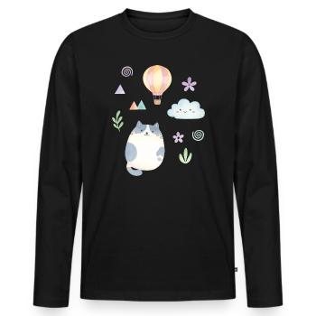 Cute Watercolor Cat and Hot Air Balloon - Men's Premium Organic Long Sleeve Shirt - black - Front - Nico (187cm)