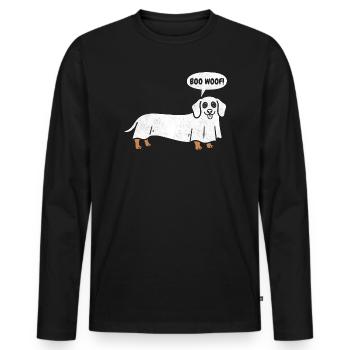 Dachshund Boo Woof - Ghost Funny Halloween Dog - Men's Premium Organic Long Sleeve Shirt - black - Front - Nico (187cm)