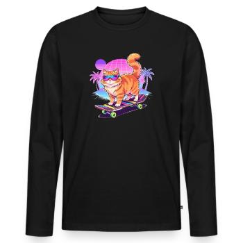 Retro Synthwave Cat Skateboard - T-shirt manches longues Premium bio Homme - noir - Devant - Nico (187cm)