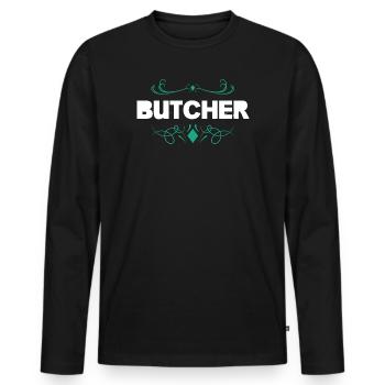 Butcher Flair Vintage Font - Men's Premium Organic Long Sleeve Shirt - black - Front - Nico (187cm)
