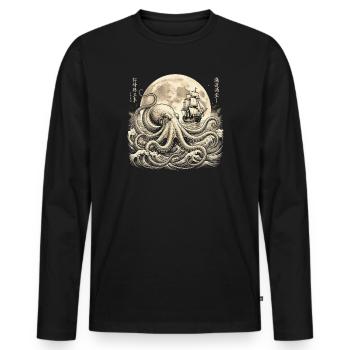 Vintage Oktopus unter Vollmond mit Segelschiff - Männer Premium Bio Langarmshirt - Schwarz - Vorne - Nico (187cm)