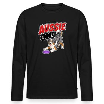 Aussie On! Verspielter Frisb-Hund - Männer Premium Bio Langarmshirt - Schwarz - Vorne - Nico (187cm)