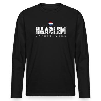 Haarlem Distressed Logo - Men's Premium Organic Long Sleeve Shirt - black - Front - Nico (187cm)