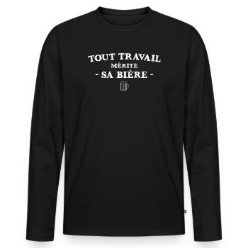 Tout Travail Merite Sa Biere T-Shirt Cadeau Humour - T-shirt manches longues Premium bio Homme - noir - Devant - Nico (187cm)