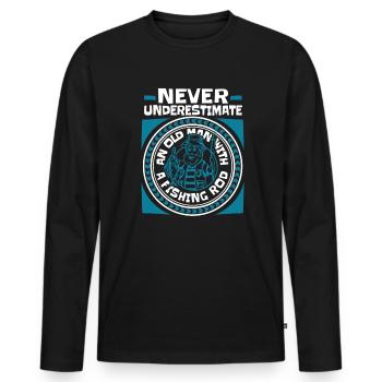 Ne sous-estimez jamais un vieil homme avec une canne à pêche - T-shirt manches longues Premium bio Homme - noir - Devant - Nico (187cm)