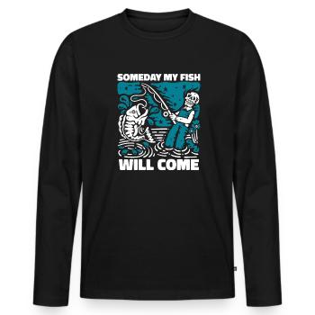 Un jour, mon poisson viendra pêcheur à la mouche - T-shirt manches longues Premium bio Homme - noir - Devant - Nico (187cm)