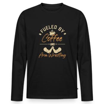 Alimenté par le café et les techniques de bras de fer - T-shirt manches longues Premium bio Homme - noir - Devant - Nico (187cm)
