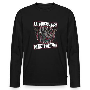 Life Happens Bagpipes Help Bagpipe Lessons - Men's Premium Organic Long Sleeve Shirt - black - Front - Nico (187cm)