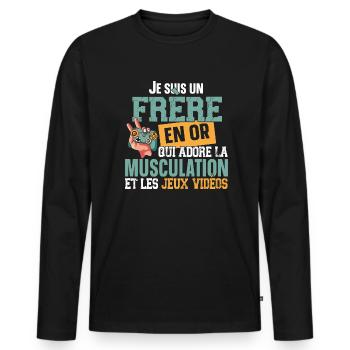 Frère Musculation Jeux Vidéos Frérot Cadeau Humour - T-shirt manches longues Premium bio Homme - noir - Devant - Nico (187cm)