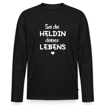 HELDIN HELD LEBEN MOTIVATION GLÜCK ZIEL ZUFRIEDEN - Männer Premium Bio Langarmshirt - Schwarz - Vorne - Nico (187cm)