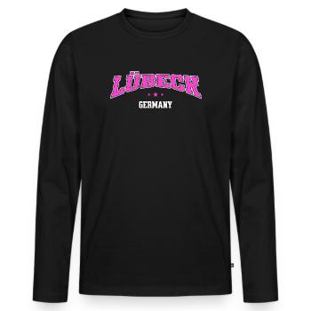 Lübeck, Allemagne, Lettrage Rétro du Collège - T-shirt manches longues Premium bio Homme - noir - Devant - Nico (187cm)