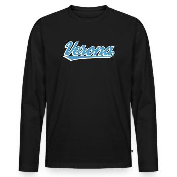 Verona Blau Script Logo - Männer Premium Bio Langarmshirt - Schwarz - Vorne - Nico (187cm)