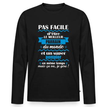parrain pompier, cadeau sapeur pompier - T-shirt manches longues Premium bio Homme - noir - Devant - Nico (187cm)