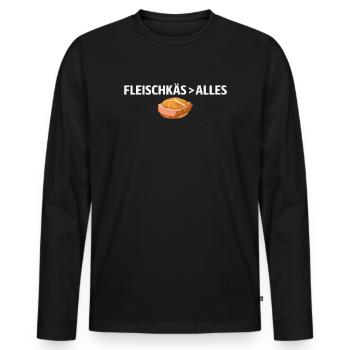 FLEISCHKÄS > ALLES Shirt – Food Statement & Humor - Men's Premium Organic Long Sleeve Shirt - black - Front - Nico (187cm)