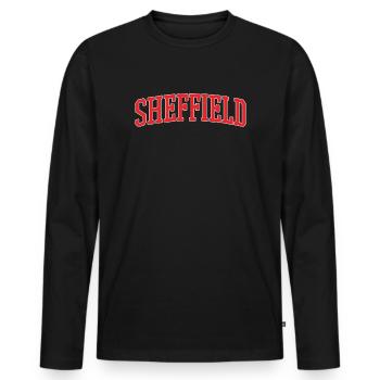Sheffield Retro Varsity Lettering - Men's Premium Organic Long Sleeve Shirt - black - Front - Nico (187cm)