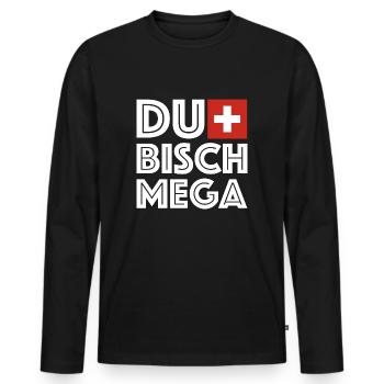 Du bisch Mega | Schweiz, Fondue, Berge, Ski fahren - Männer Premium Bio Langarmshirt - Schwarz - Vorne - Nico (187cm)