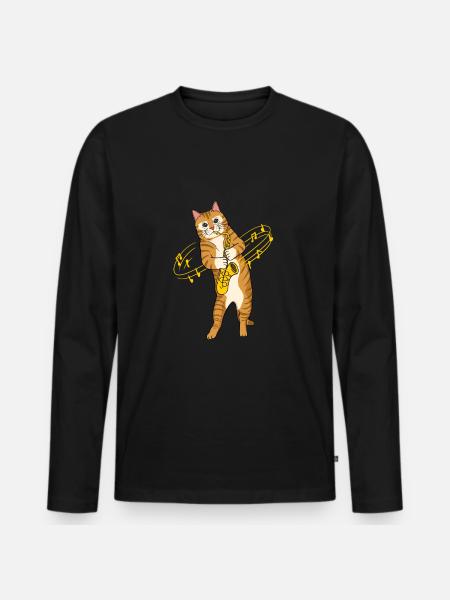 Cat with saxophone saxophone player - Men's Premium Organic Long Sleeve Shirt - black