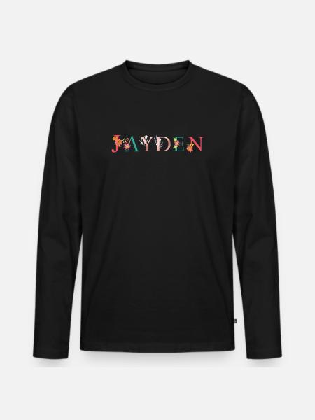 JAYDEN Namenskunst mit gestickten Blumen - Männer Premium Bio Langarmshirt - Schwarz