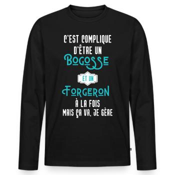 C'est compliqué d'être Bogosse et Forgeron - T-shirt manches longues Premium bio Homme - noir - Devant - Nico (187cm)