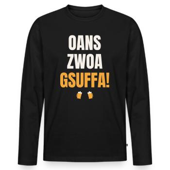 Oans Zwoa Gsuffa – Bayrischer Trinkspruch Bierzelt - Männer Premium Bio Langarmshirt - Schwarz - Vorne - Nico (187cm)