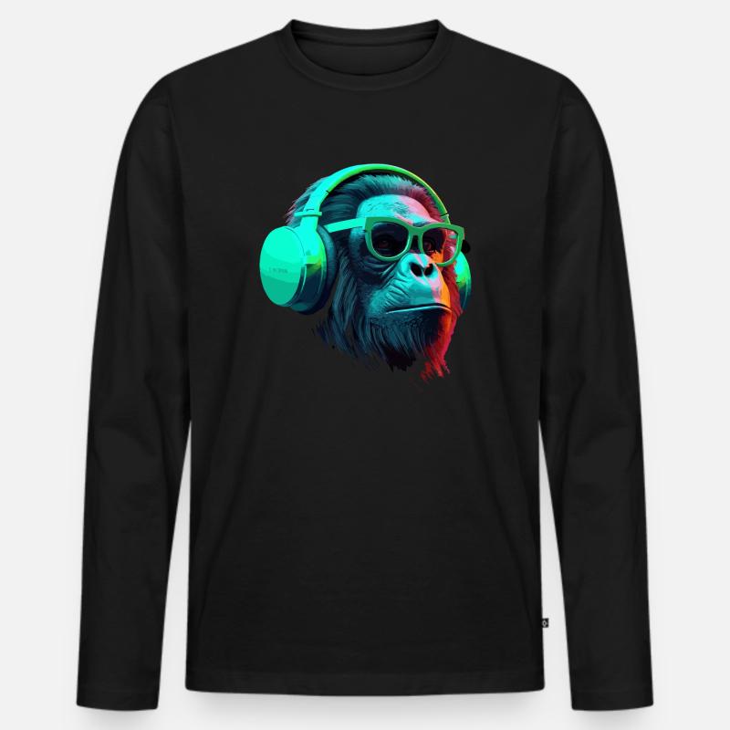 Affe Schimpanse mit Sonnenbrille und Kopfhörer DJ - Männer Premium Bio Langarmshirt - Schwarz