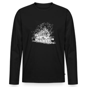 Rauchende Dampflokomotive auf Gleisen unter Dampf - Männer Premium Bio Langarmshirt - Schwarz - Vorne - Nico (187cm)