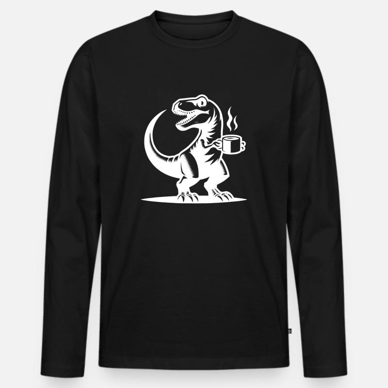 Morgenmuffel Dinosaurier mit Kaffeetasse - Männer Premium Bio Langarmshirt - Schwarz