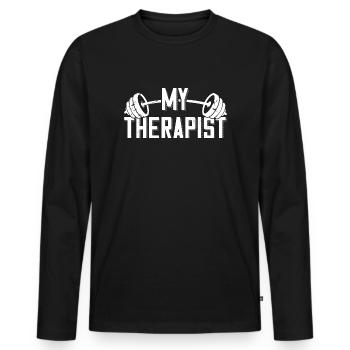 Mon thérapeute Barbell Bodybuilder Dicton - T-shirt manches longues Premium bio Homme - noir - Devant - Nico (187cm)