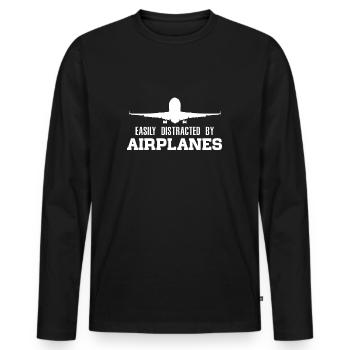 Easily Distracted By Airplanes T-Shirt Flugzeug - Männer Premium Bio Langarmshirt - Schwarz - Vorne - Nico (187cm)