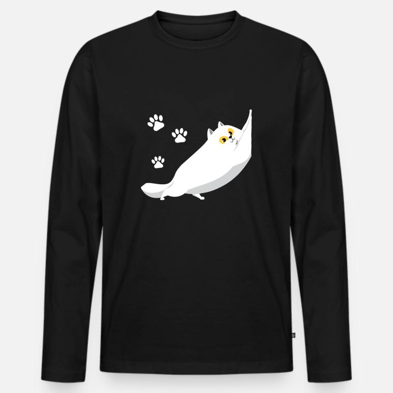 Chubby weiße Katze Stretching - Männer Premium Bio Langarmshirt - Schwarz