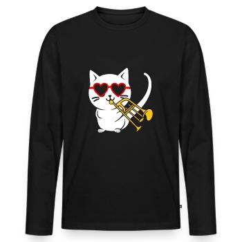 Katze mit Sonnenbrille spielt Trompete - Männer Premium Bio Langarmshirt - Schwarz - Vorne - Nico (187cm)