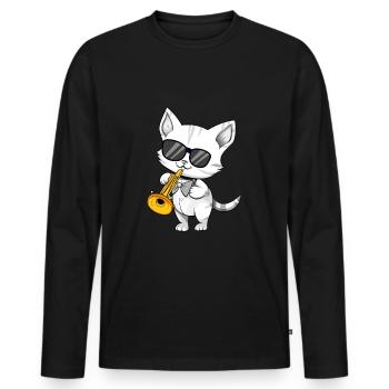 Katze mit Sonnenbrille spielt Trompete - Männer Premium Bio Langarmshirt - Schwarz - Vorne - Nico (187cm)
