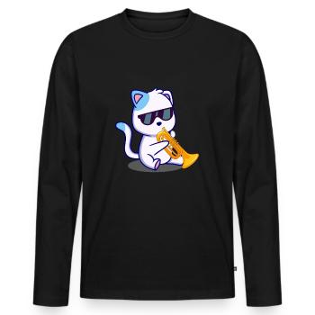 Katze mit Sonnenbrille spielt Trompete - Männer Premium Bio Langarmshirt - Schwarz - Vorne - Nico (187cm)