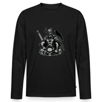 Wikinger mit Schwert und Rabe auf Schädel - Männer Premium Bio Langarmshirt - Schwarz - Vorne - Nico (187cm)