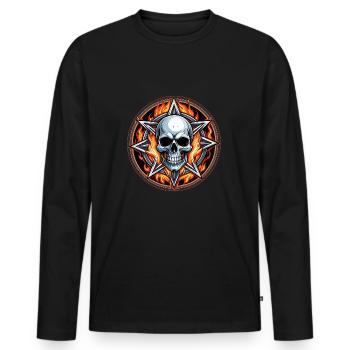 Crâne décoratif avec pentagramme et flammes - T-shirt manches longues Premium bio Homme - noir - Devant - Nico (187cm)