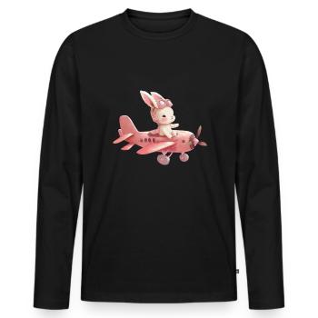 Cute bunny flying on plane - Men's Premium Organic Long Sleeve Shirt - black - Front - Nico (187cm)