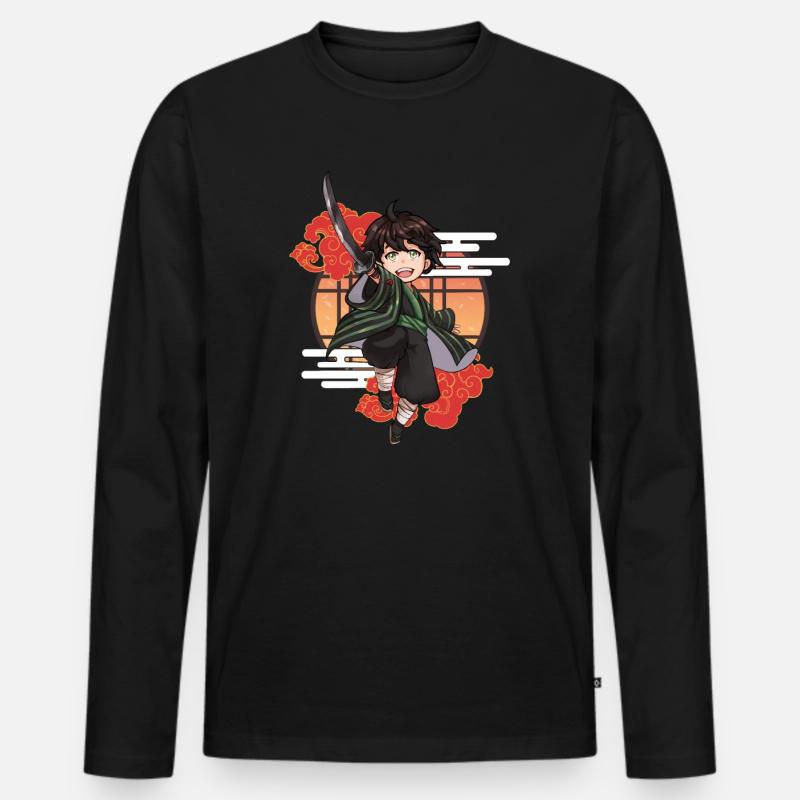 Chibi Samurai Junge mit Katana - Männer Premium Bio Langarmshirt - Schwarz
