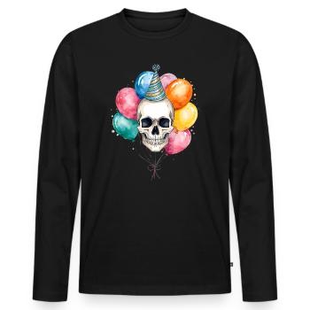 Totenkopf mit Partyhut und Ballons Happy Birthday - Männer Premium Bio Langarmshirt - Schwarz - Vorne - Nico (187cm)