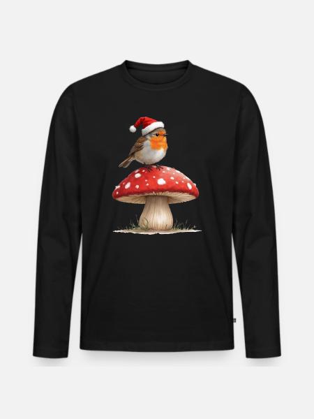 Rotkehlchen mit Nikolausmütze auf einem roten Pilz - Männer Premium Bio Langarmshirt - Schwarz