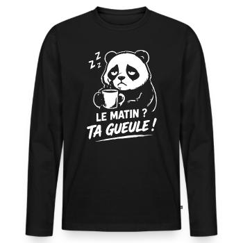 Le matin ? ta gueule ! panda humour café fatigué - T-shirt manches longues Premium bio Homme - noir - Devant - Nico (187cm)