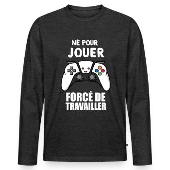Jeux. Né pour jouer. Humour jeux vidéo - T-shirt manches longues Premium bio Homme - anthracite chiné - Devant - Nico (187cm)